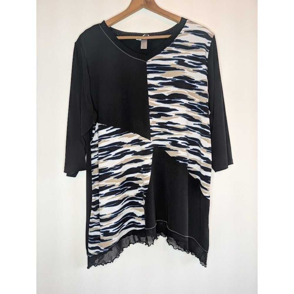 Cj Banks Shirt Womens Size‎ 2X Tunic 3/4 Sleeve Ruffle Artsy Stretch V Neck Boho